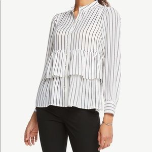 Ann Taylor Factory White and Black Striped Ruffle Button-Up Blouse